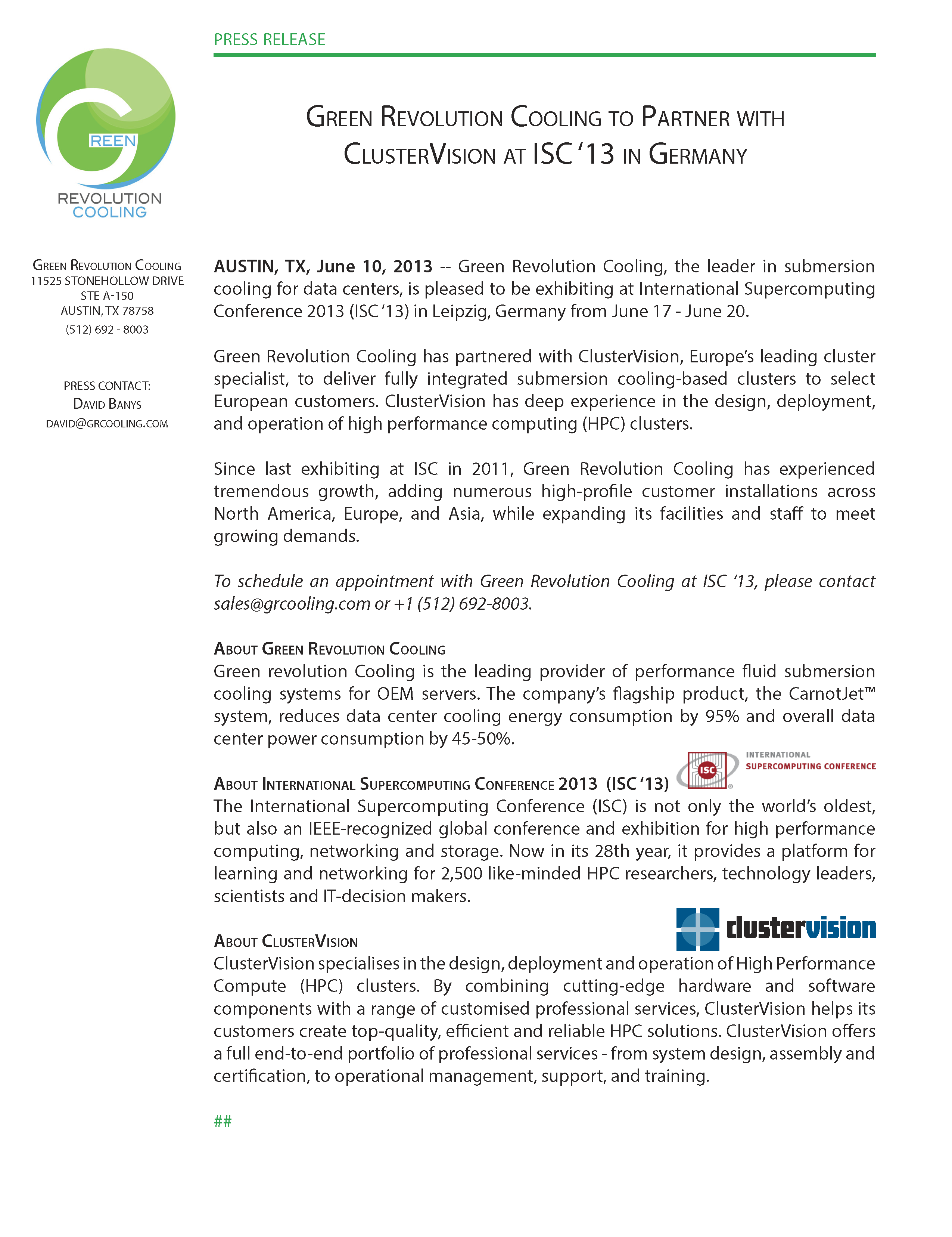 Green Revolution Cooling to Partner with ClusterVision at ISC ’13
