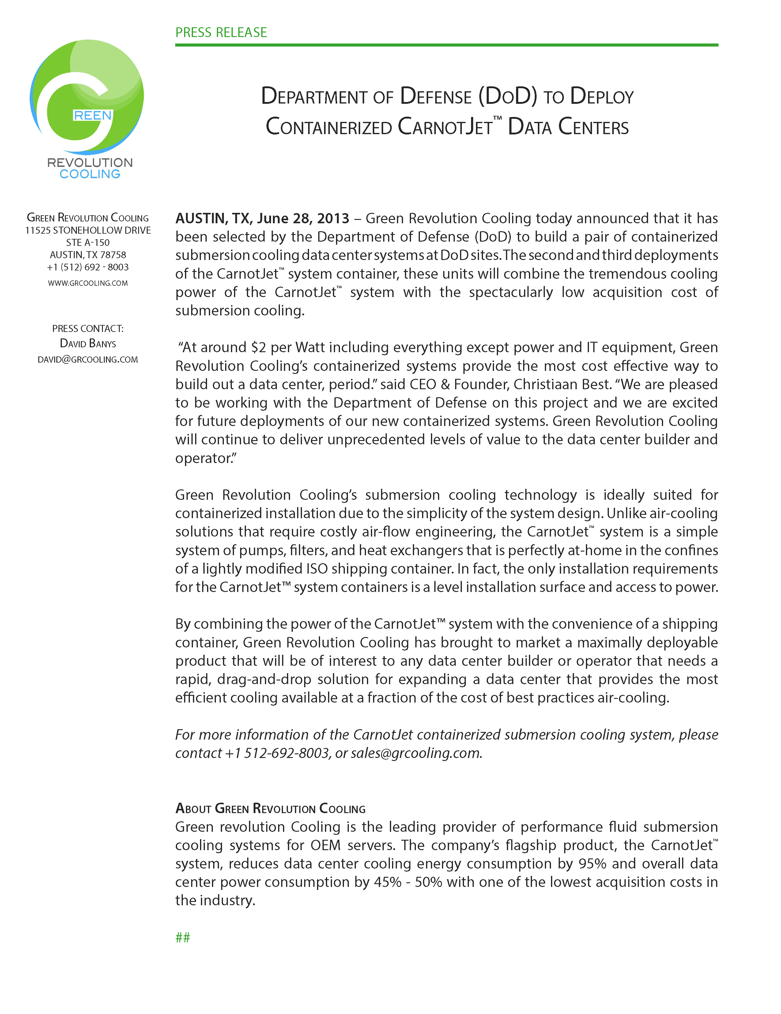 Department of Defense (DoD) to Deploy Containerized CarnotJet Data Centers