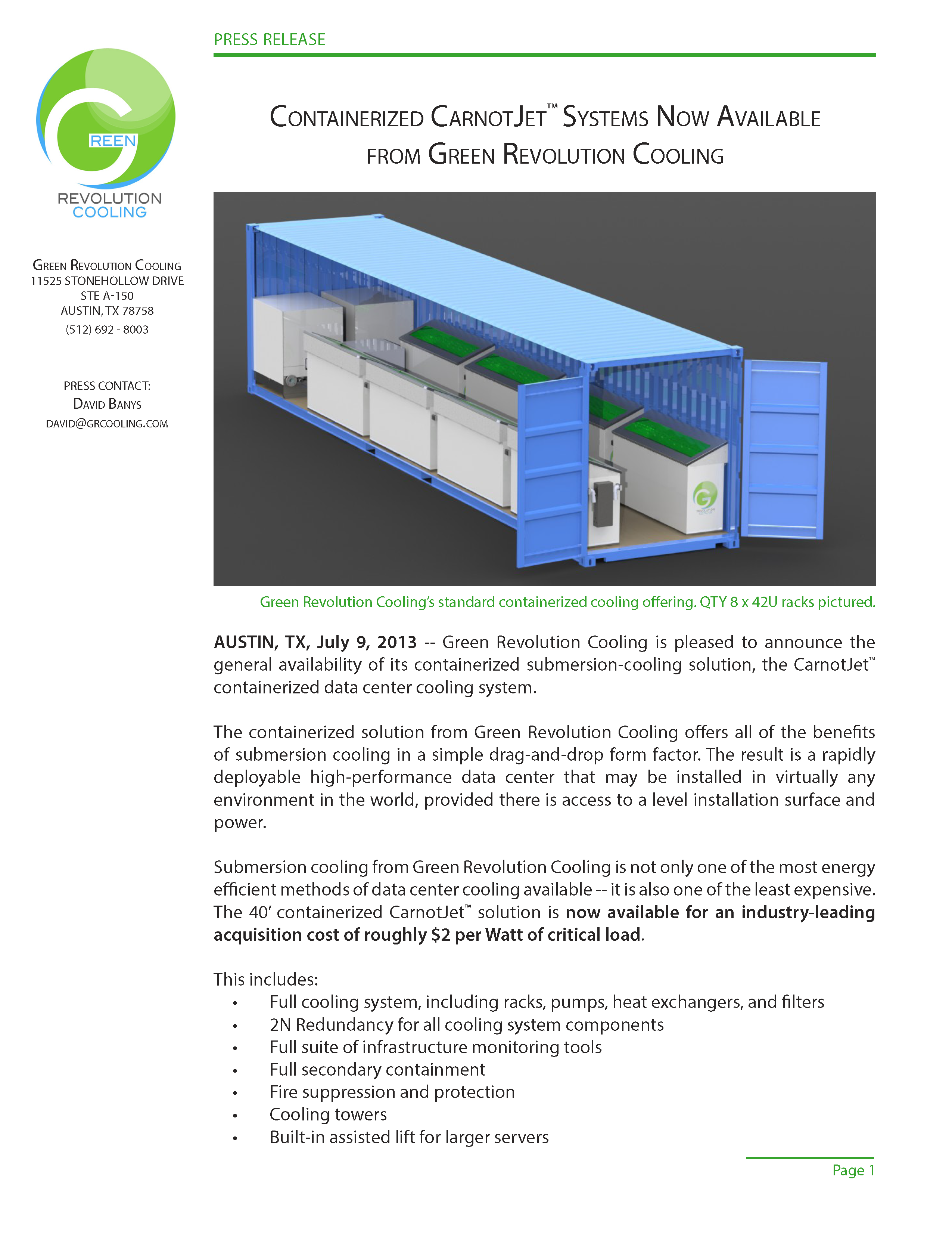 Containerized CarnotJet Systems Now Available from Green Revolution Cooling