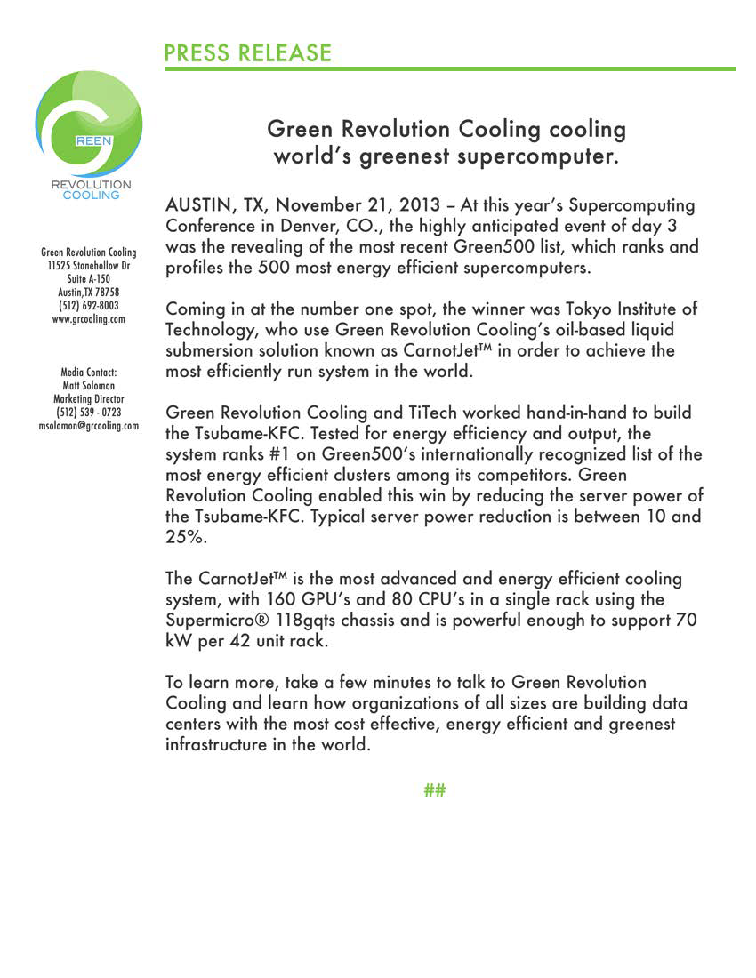 Green Revolution Cooling Places #1 on Green500