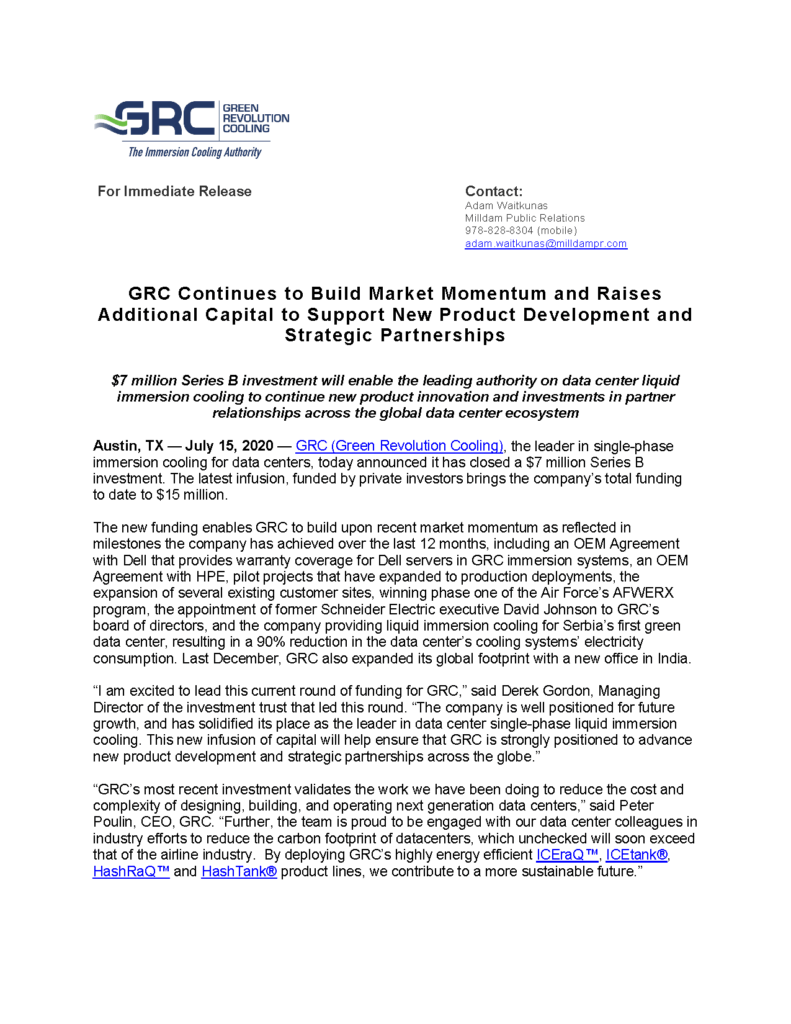 $7 million Series B investment will enable the leading authority on data center liquid immersion cooling to continue new product innovation and investments in partner relationships across the global data center ecosystem.