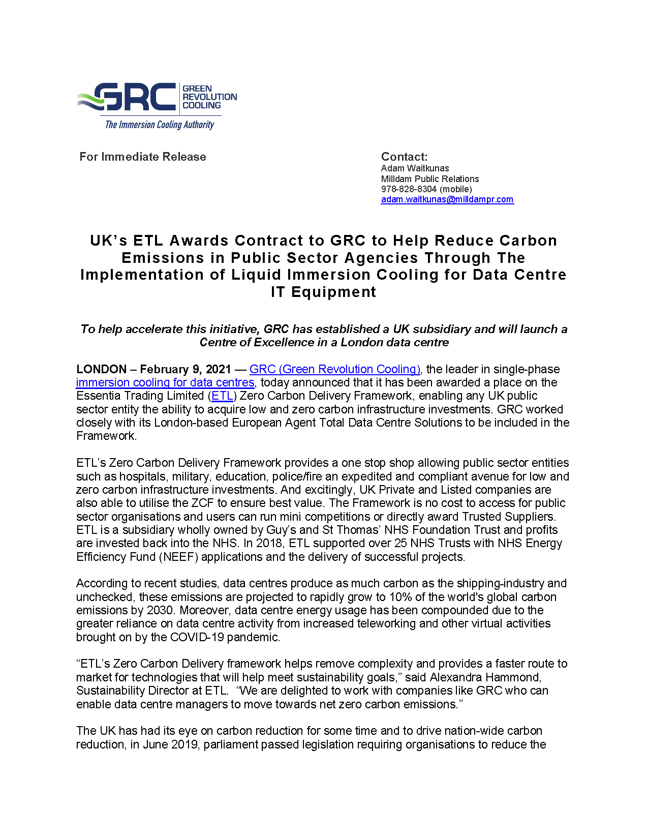 UK’s ETL Awards Contract to GRC to Help Reduce Carbon Emissions in Public Sector Agencies Through the Implementation of Liquid Immersion Cooling for Data Centre IT Equipment