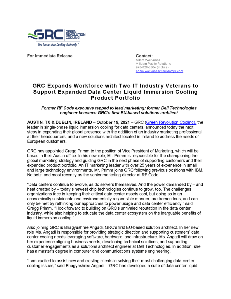 Former RF Code executive tapped to lead marketing; former Dell Technologies engineer becomes GRC’s first EU-based solutions architect.