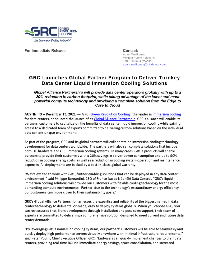 GRC Launches Global Partner Program to Deliver Turnkey Data Center Liquid Immersion Cooling Solutions