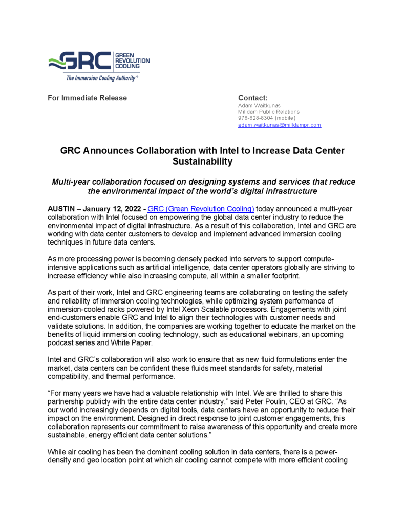 GRC Announces Collaboration with Intel to Increase Data Center Sustainability